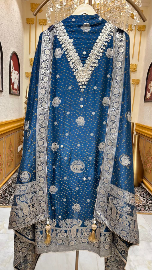 Afsara Banarasi Taj Suit (Peacock Blue)