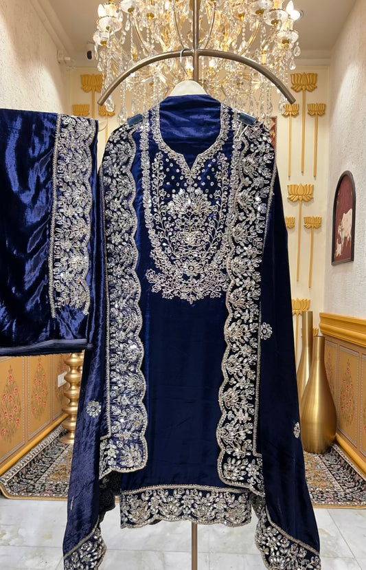 Ruhnaz Velvet Taj Suit (Navy Blue)