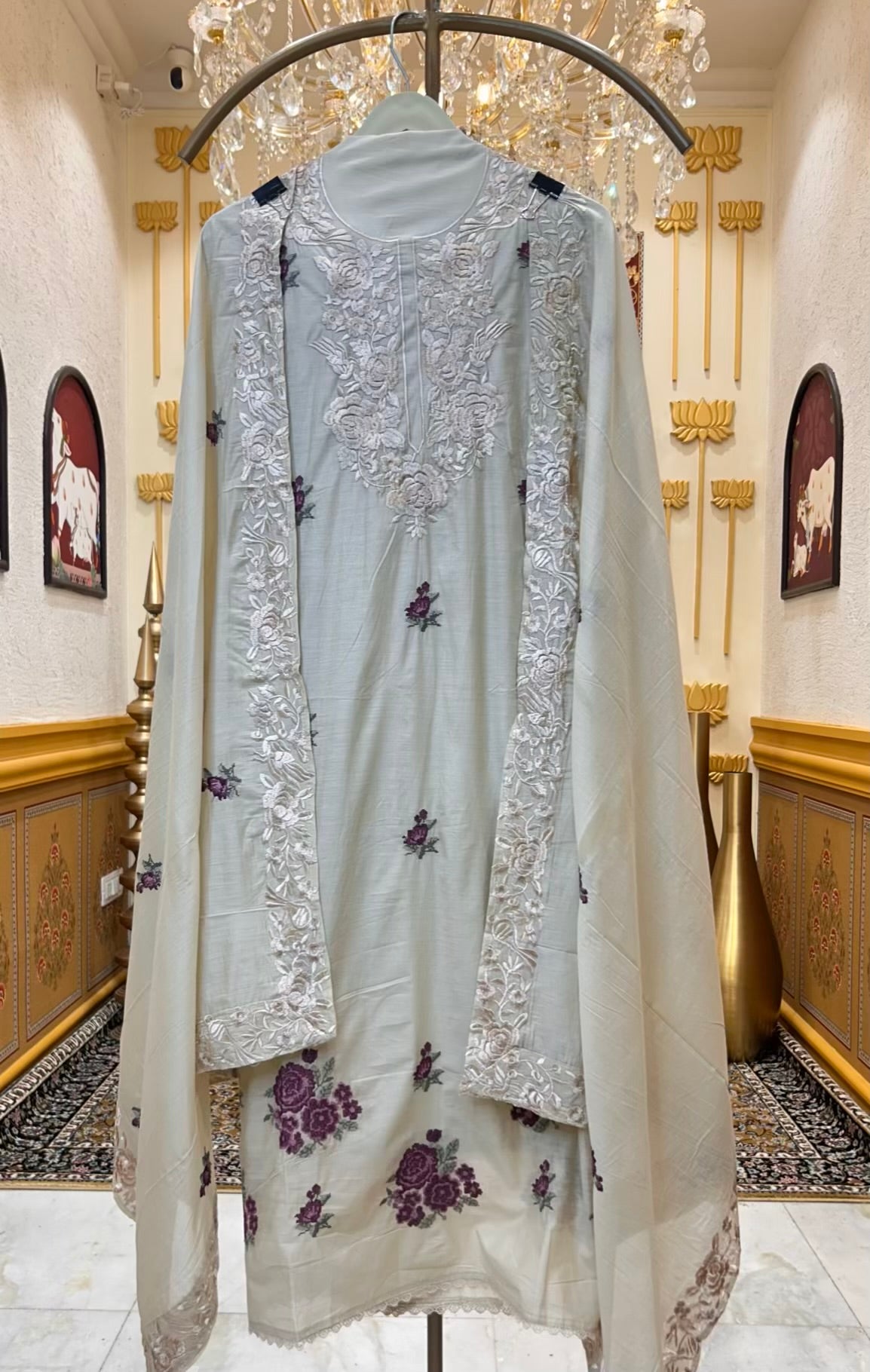 Nayra Resham Cotton Suit (Beige & Purple)