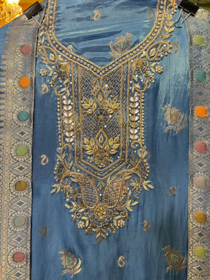 Tajalli Silk Organza Suit (Turquoise)