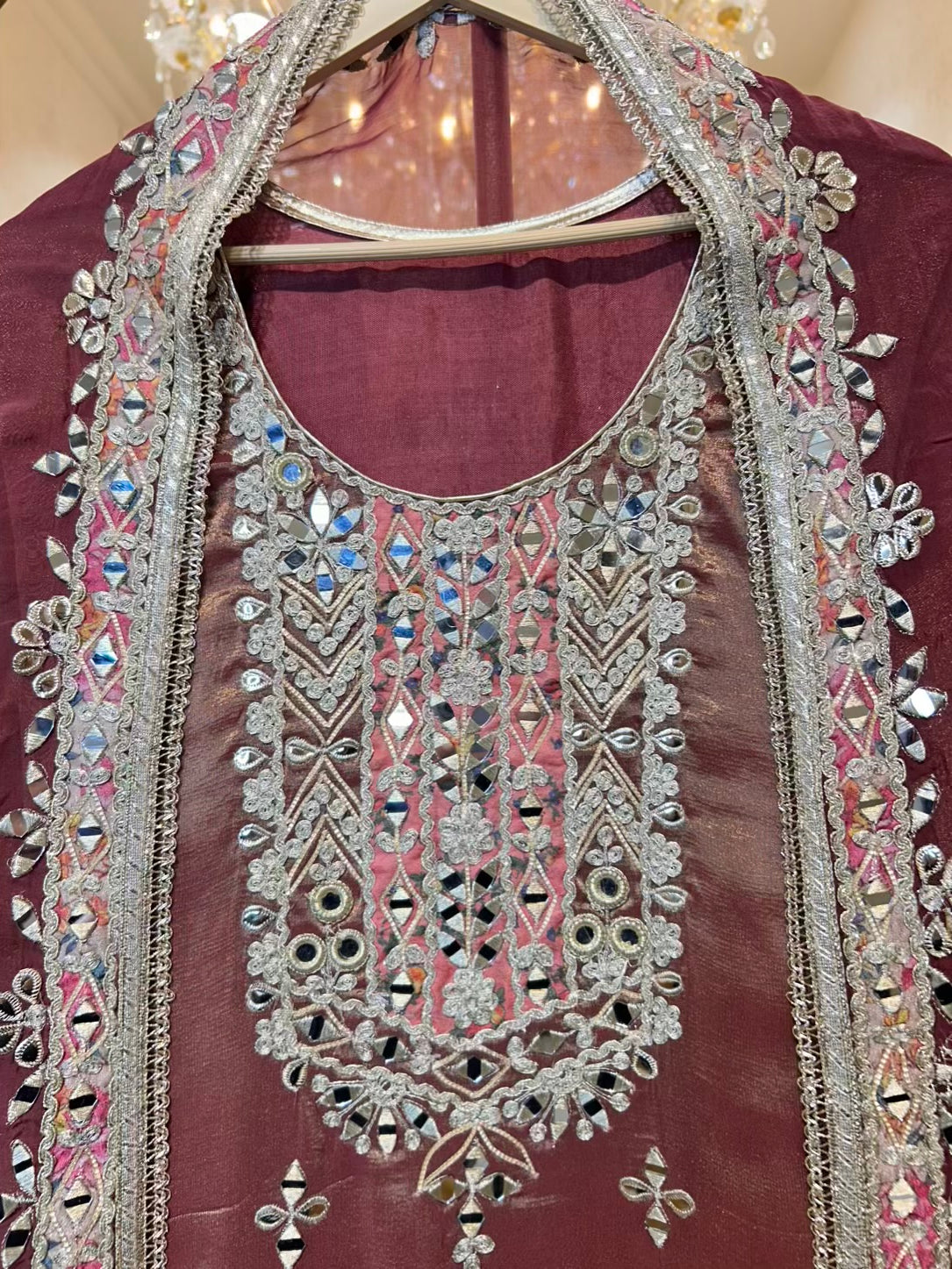 Afsara Aaina Leather Gharara Set (Onion Pink)