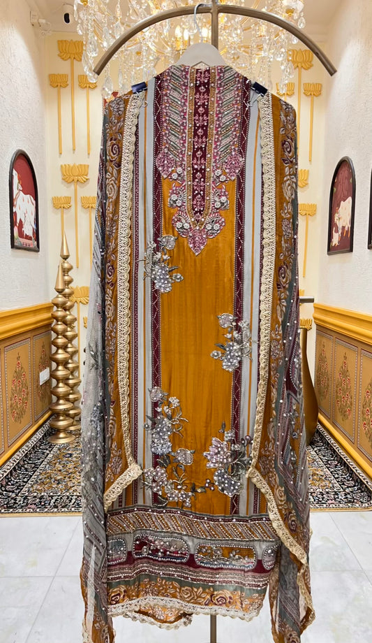 Nayra Silk Digital Printed Veil Suit (Rust)