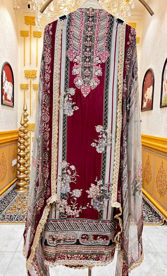 Nayra Silk Digital Printed Veil Suit (Wine)