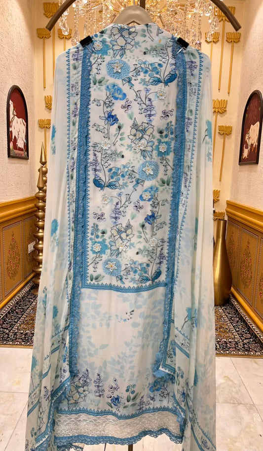 Elara Print Veil Suit (White & Blue)