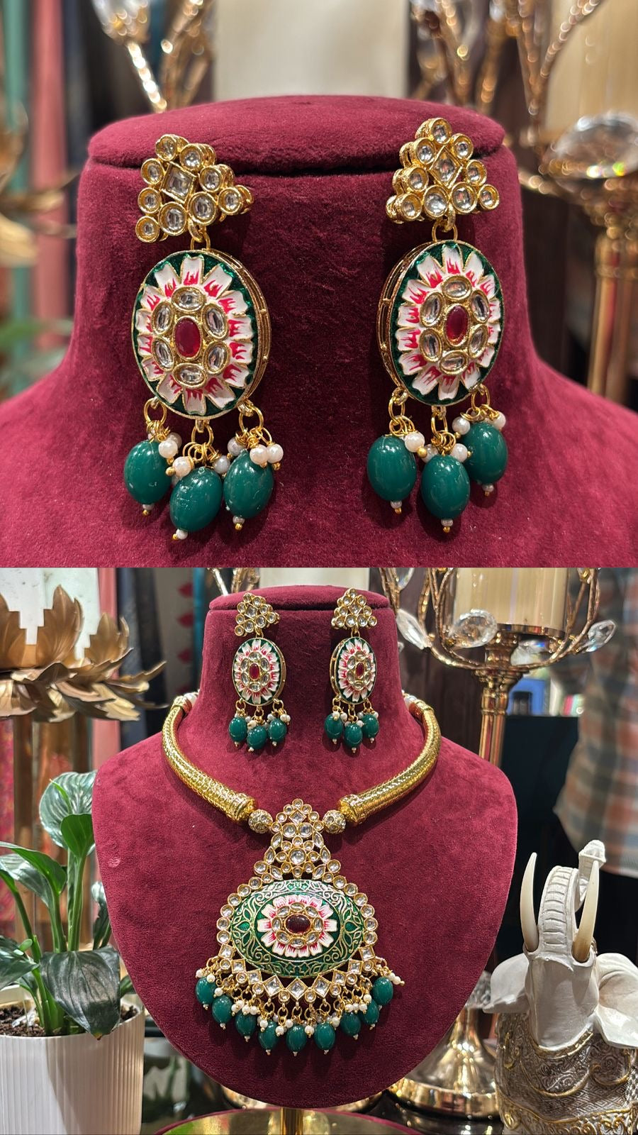 Noorika Meena Kundan Set (Green)