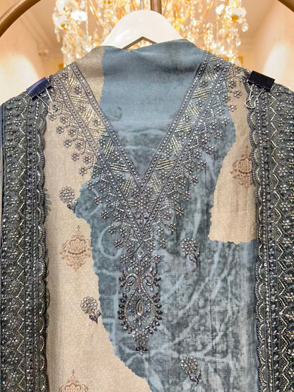 Zehna Neckline Naqsh Suit (Dark Grey)