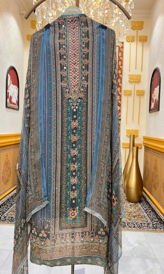 Zehna Printed Crepe Suit (Peacock Blue)