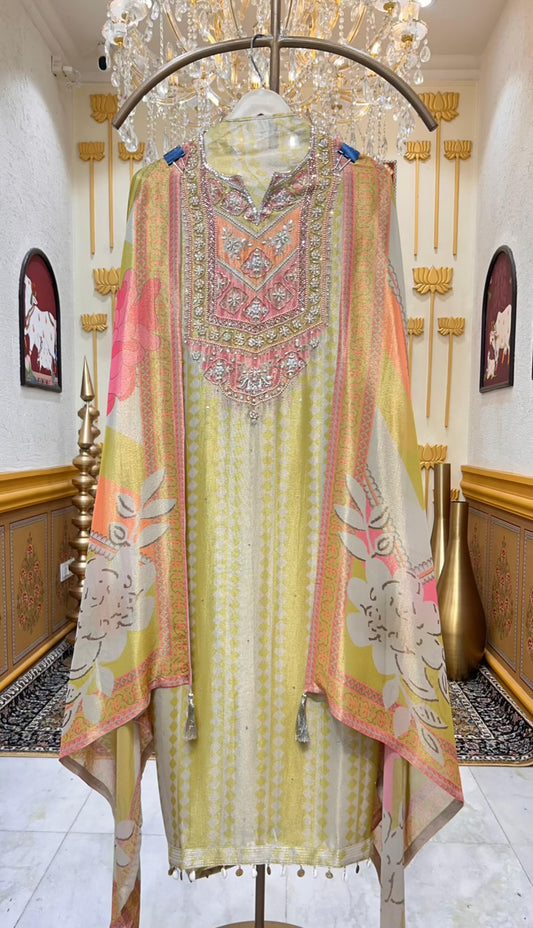 Zarmina Cutdana Élan Suit (Lemon Green & Beige)
