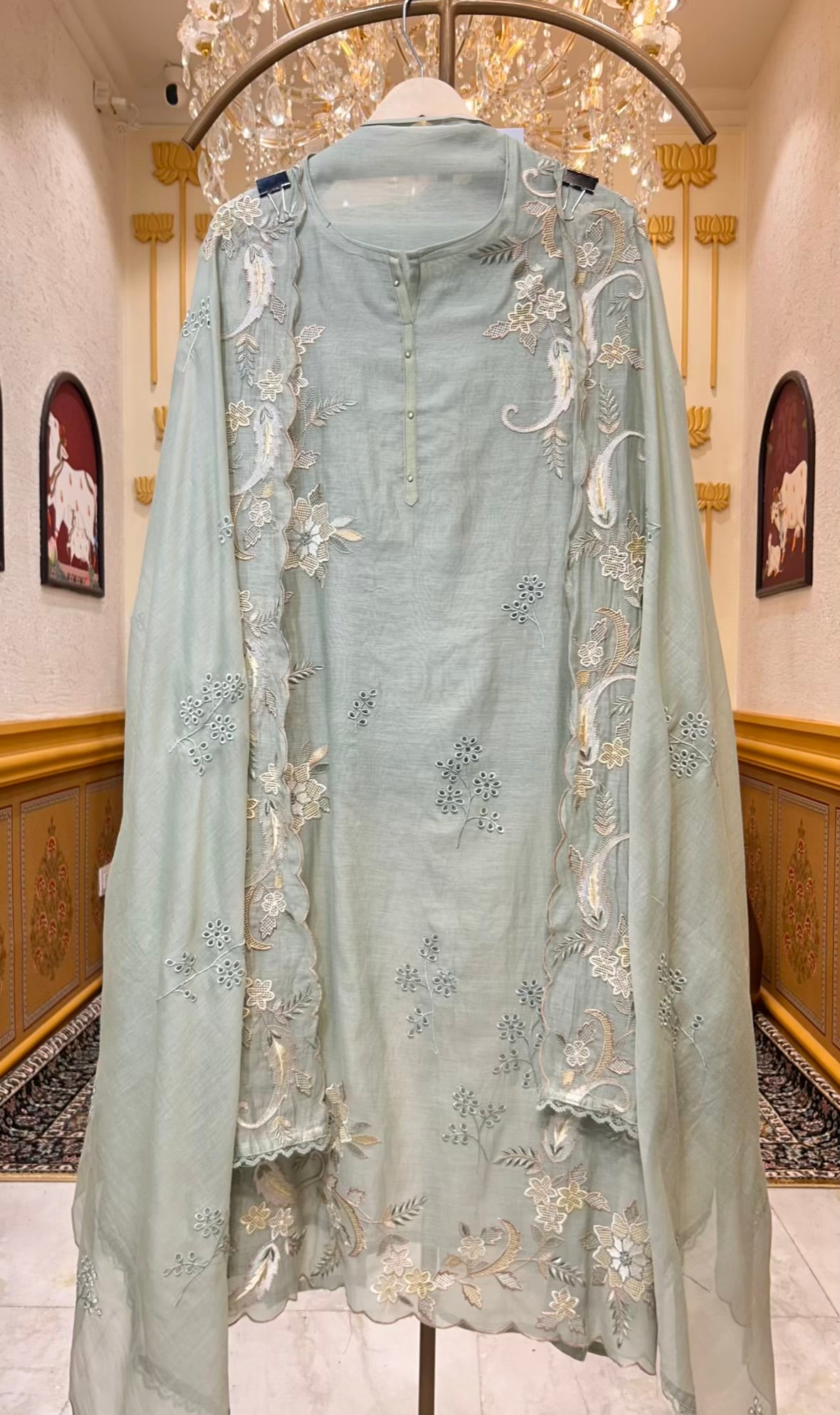 Husna Mul Embroidery Suit (Pista Green)