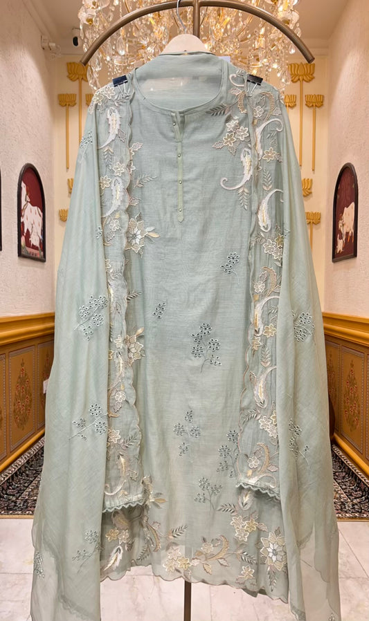 Husna Mul Embroidery Suit (Pista Green)