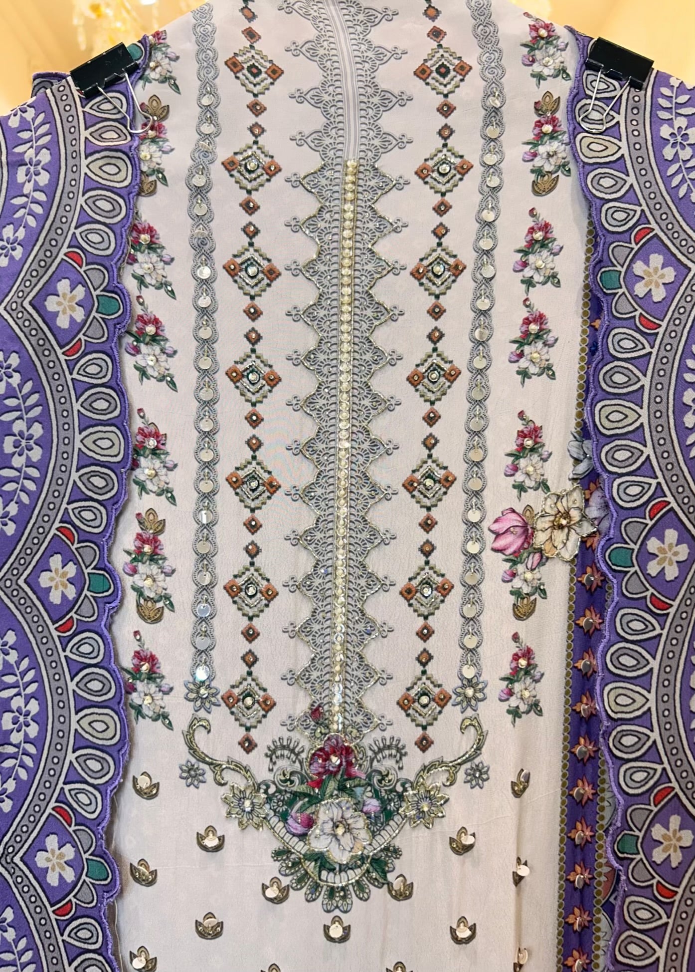 Averiya Silk Printed Suit (Ivory & Purple)