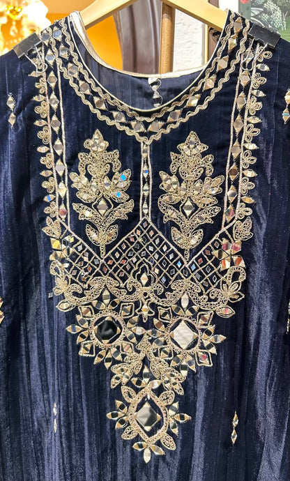 Shahnoor Velvet Slit Dress (Blue)