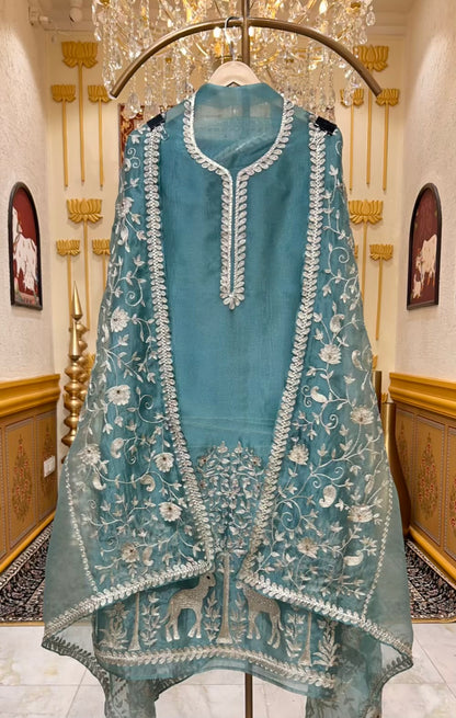 Mehraz Organza Embroidered Suit (Turquoise)
