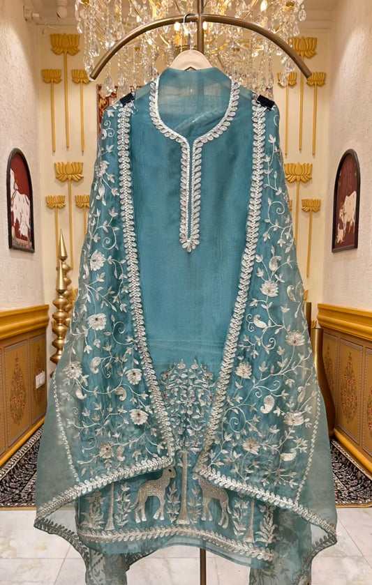 Mehraz Organza Embroidered Suit (Turquoise)