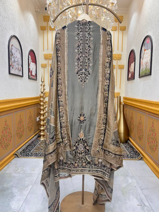 Zarvani Zari Crepe Suit (Brown)