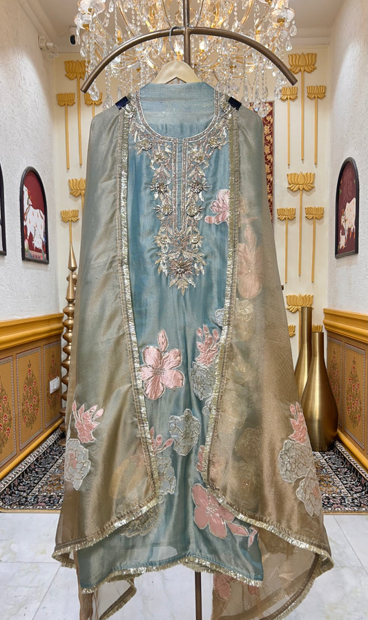 Satin Patra Kinari Suit (Sea Green)