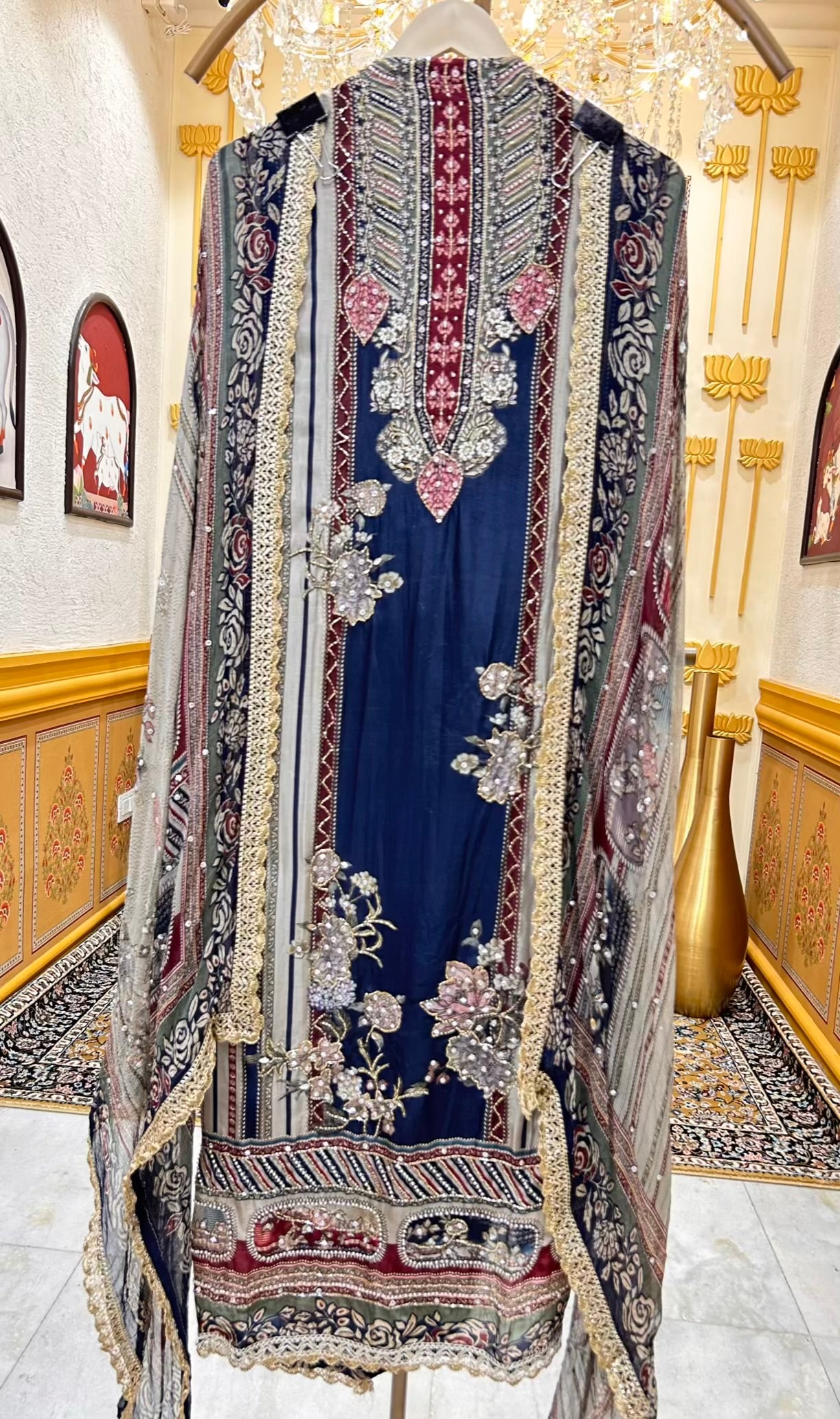 Nayra Silk Digital Printed Veil Suit (Navy Blue)
