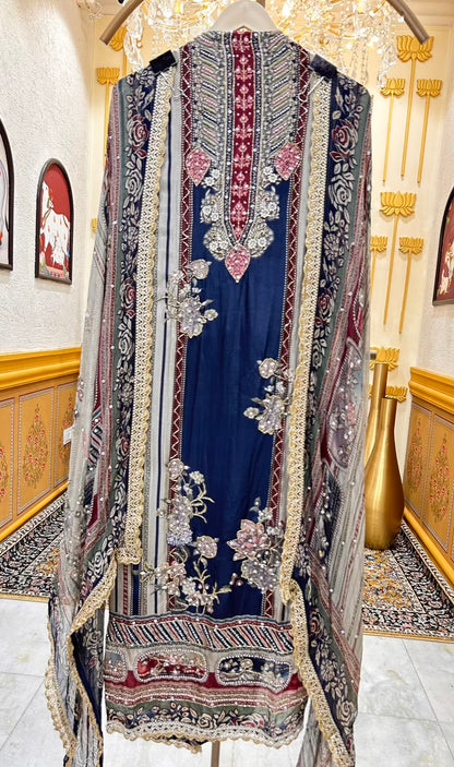 Nayra Silk Digital Printed Veil Suit (Navy Blue)