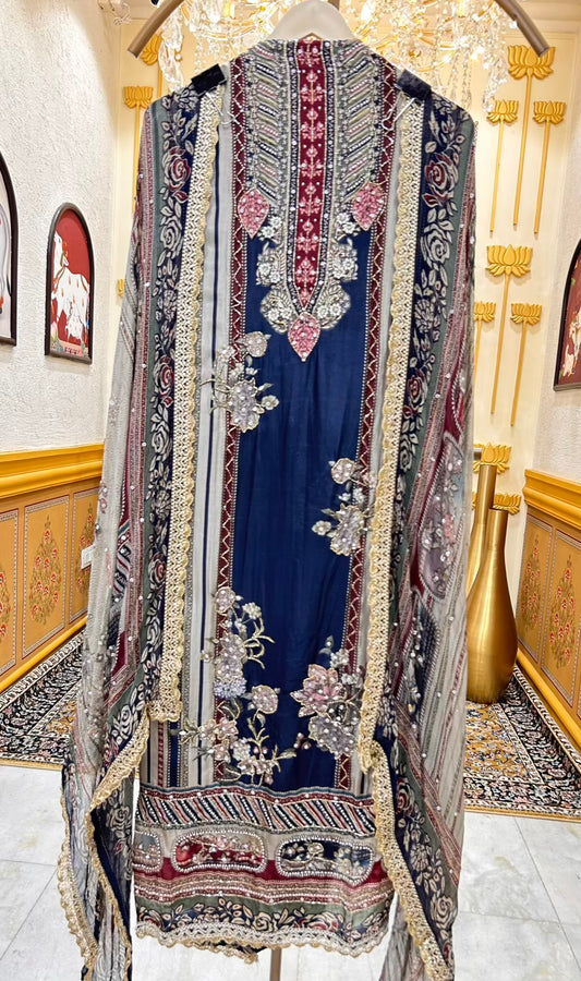 Nayra Silk Digital Printed Veil Suit (Navy Blue)