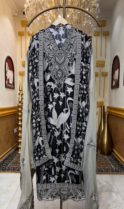 Mehruva Printed Silk Suit (Black)
