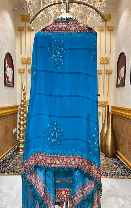 Elvaya Printed Pashmina Suit (Turquoise)