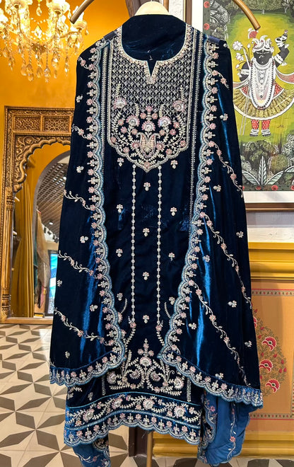 Feroza-e-Velvet Suit (Blue)