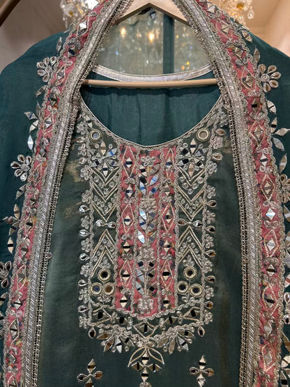 Afsara Aaina Leather Gharara Set (Green)