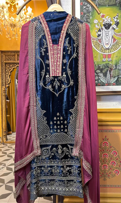 Inaya-é-Velvet Suit (Peacock Blue)