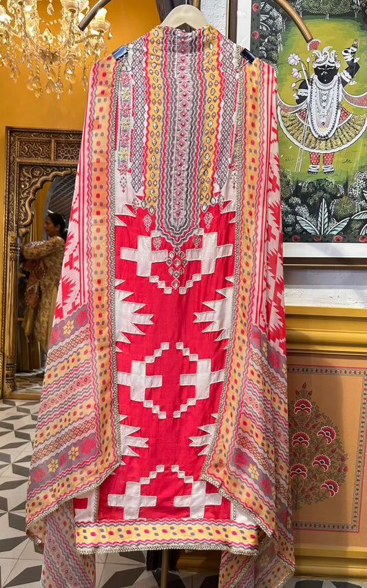 Zarmina Silk Suit (Ivory & Red)