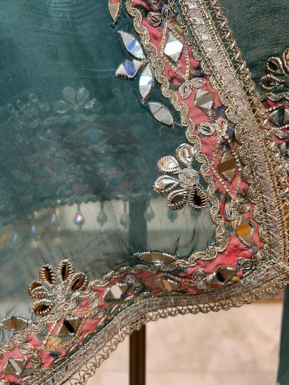 Afsara Aaina Leather Gharara Set (Green)