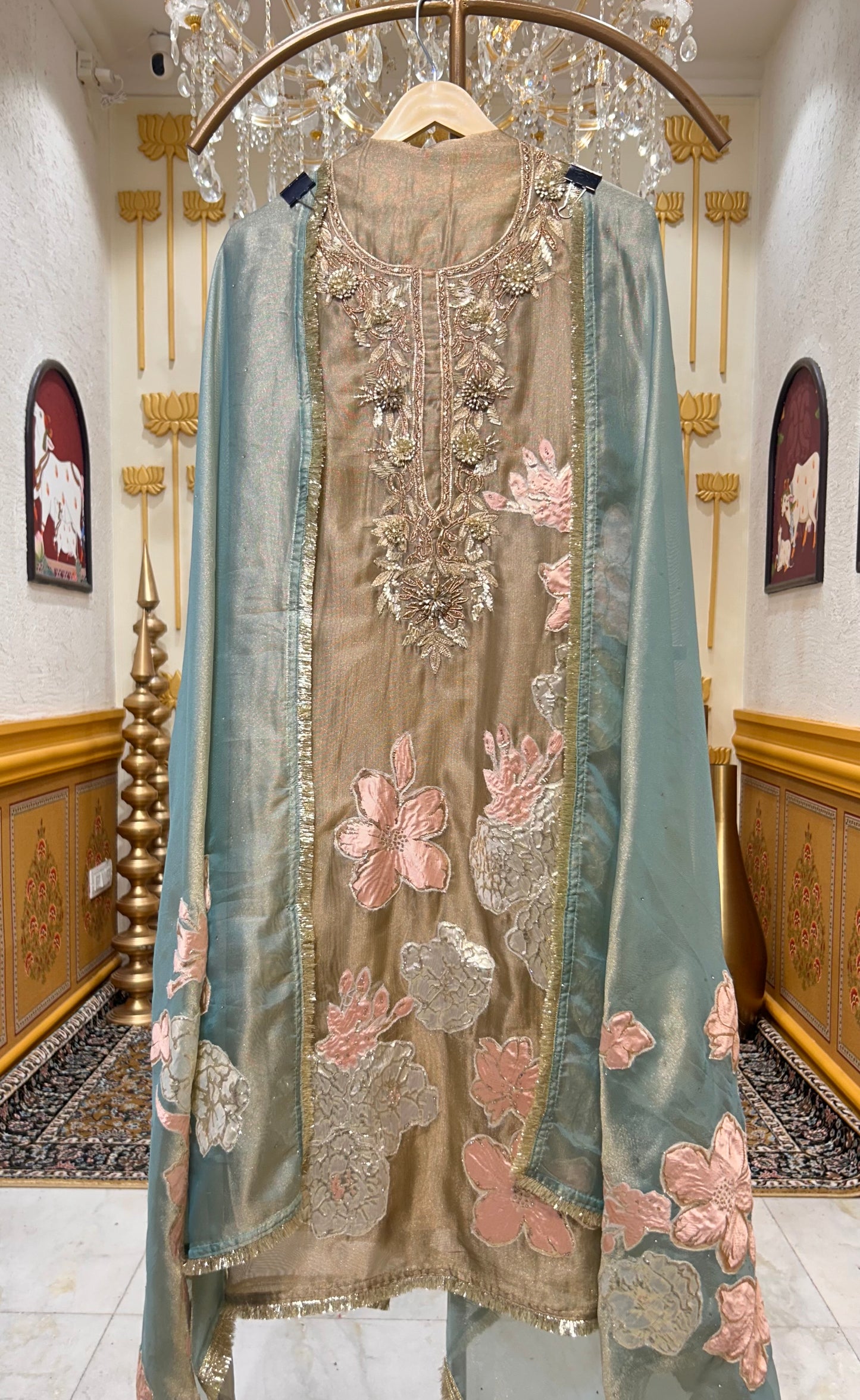 Satin Patra Kinari Suit (Beige)