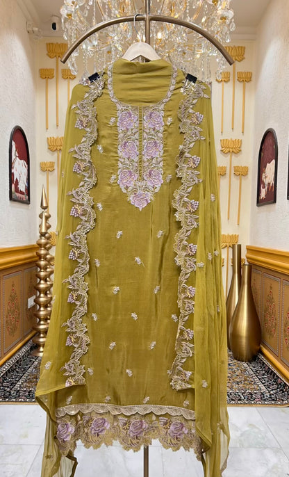 Zehraani Cutdana Silk Suit (Green)