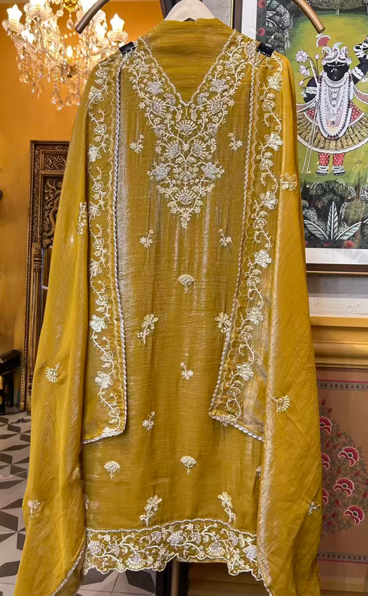 Parchaam Tissue Organza Suit (Mustard)