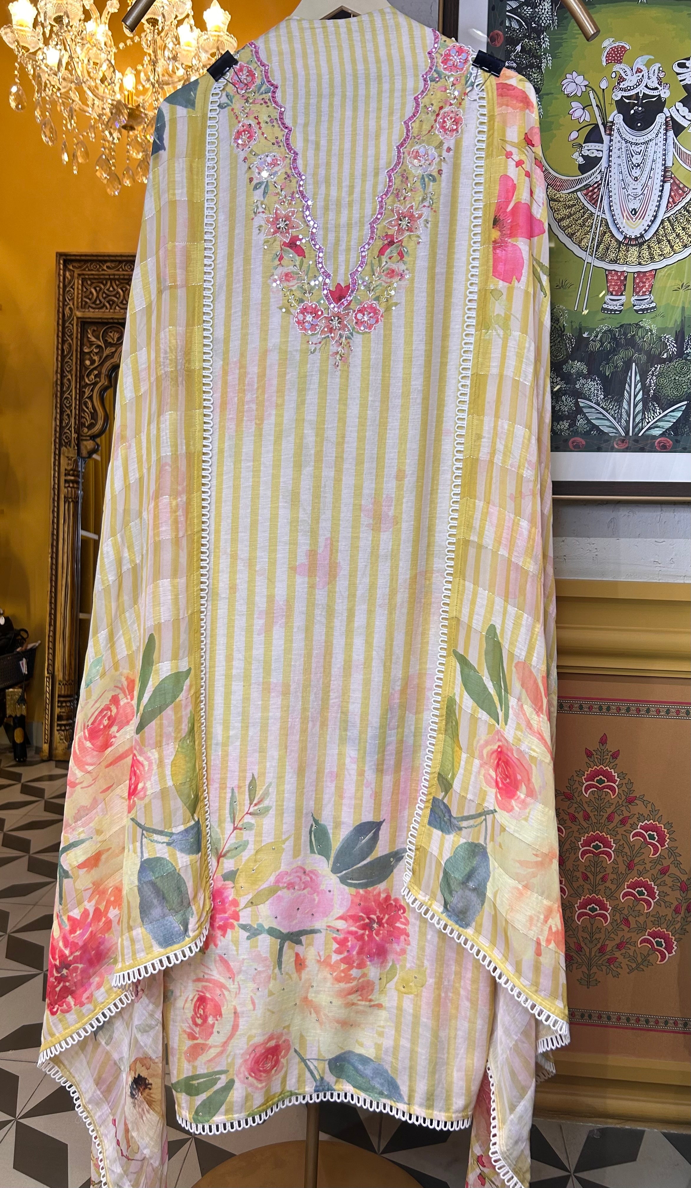 Iravati Mul Chanderi Suit (Yellow)