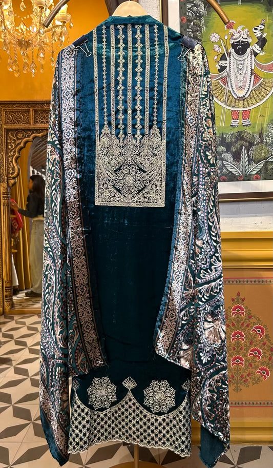 Noorani Velvet Suit (Peacock Blue)