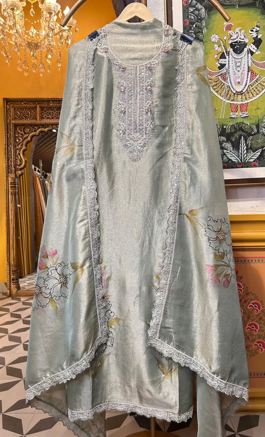 Afsheen Organza Suit (Pista Green)