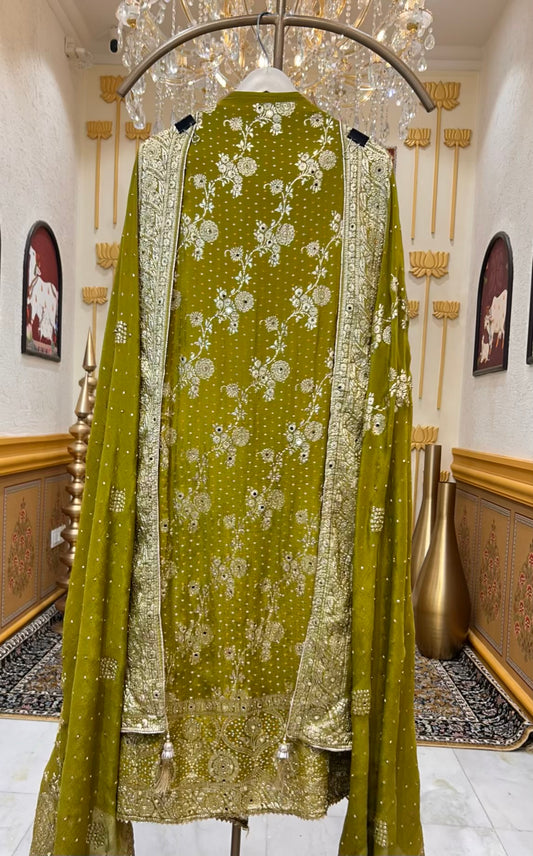 Ishira Banarasi Chinnon Suit (Mehendi Green)