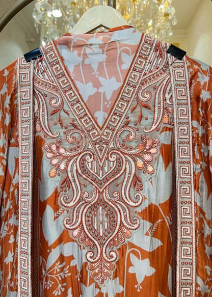 Mehruva Printed Silk Suit (Rust)