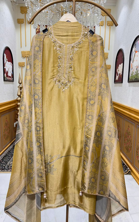 Elvaira Shimmer Naqsh Suit (Golden Green)