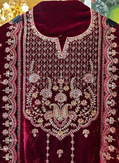 Feroza-e-Velvet Suit (Wine)