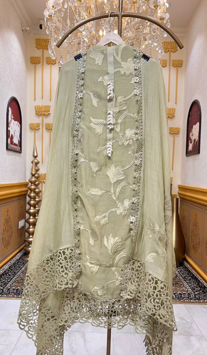 Aabira Tissue Appliqué Suit (Pista Green)