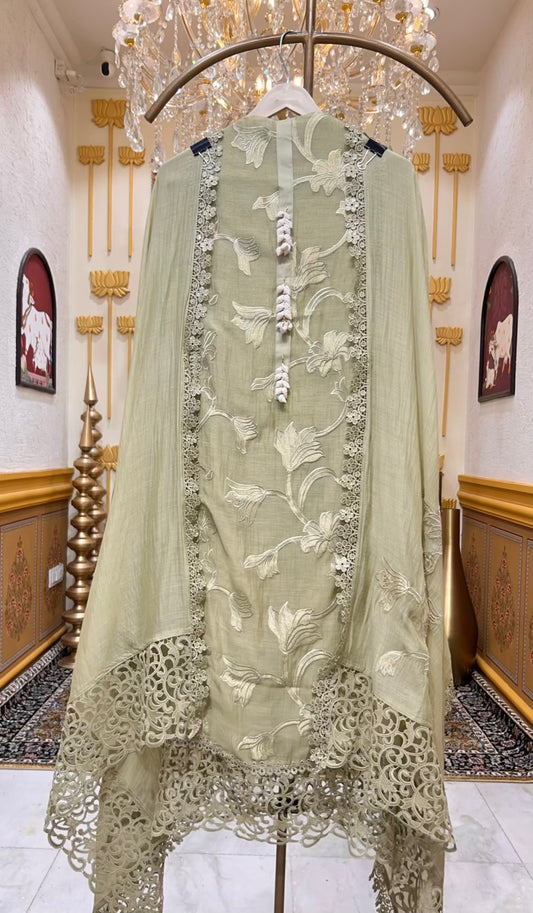 Aabira Tissue Appliqué Suit (Pista Green)
