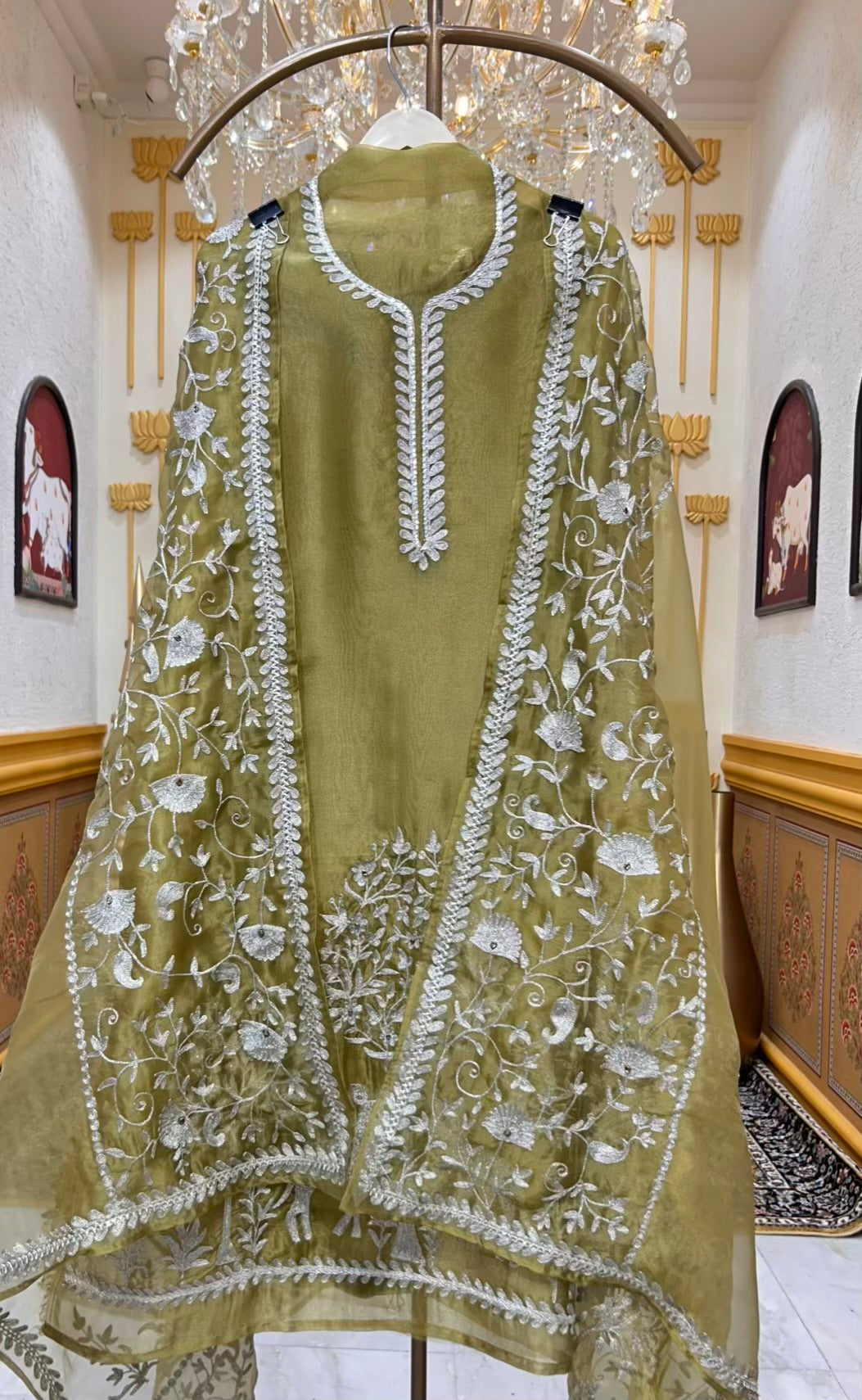 Mehraz Organza Embroidered Suit (Mehendi Green)