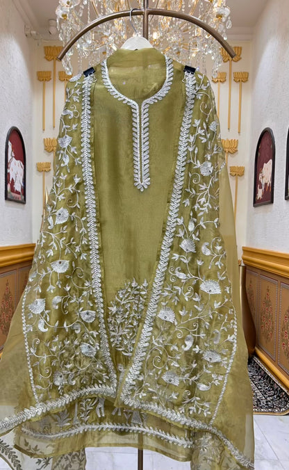 Mehraz Organza Embroidered Suit (Mehendi Green)