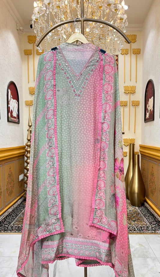 Elvisha Organza Printed Suit (Pink)