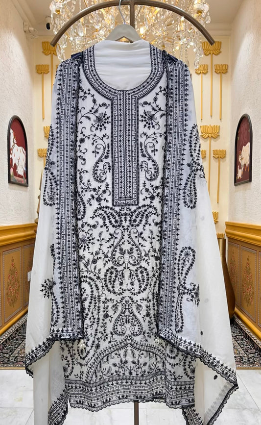 Elara Chanderi Threadloom Suit (White & Black)