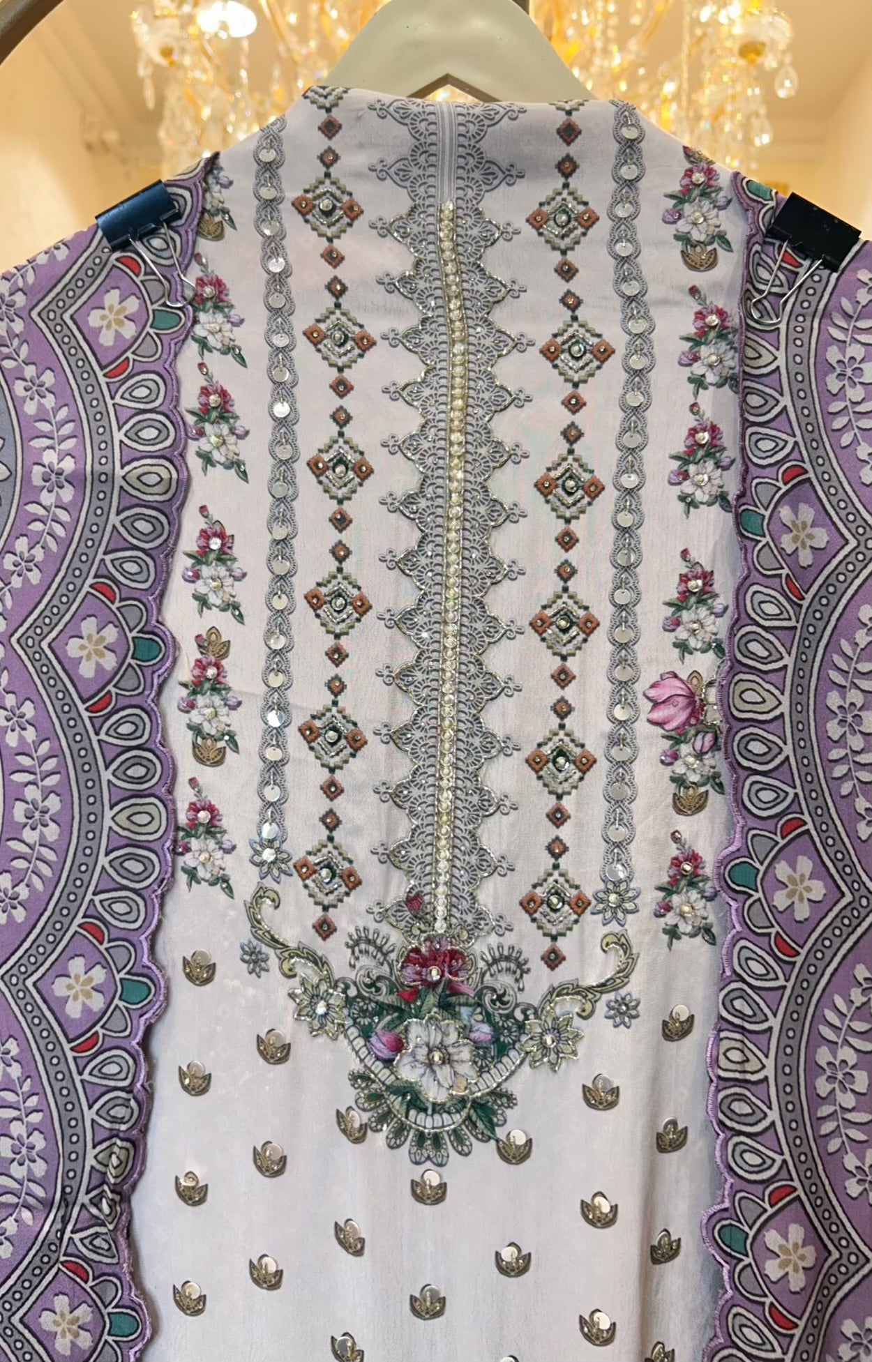 Averiya Silk Printed Suit (Ivory & Lavender)