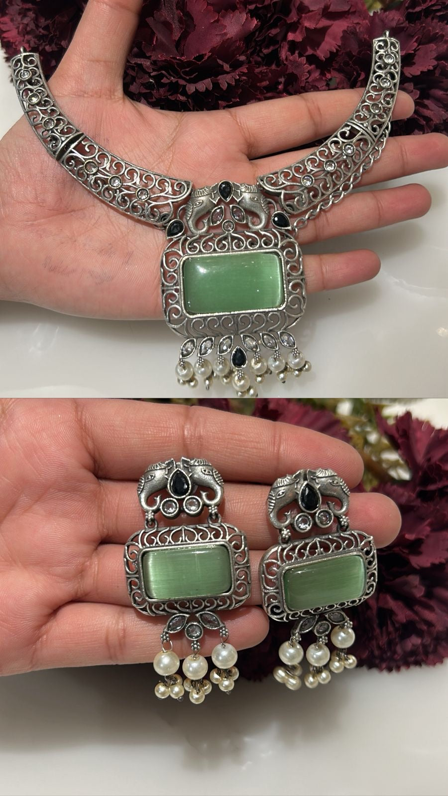 Zehriya Noor Vintage Silver Set (Mehendi Green)