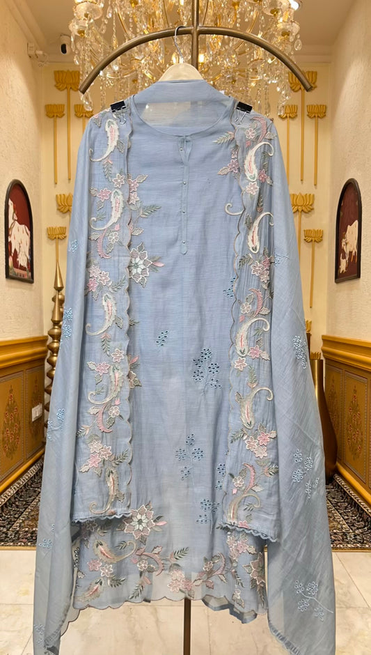 Husna Mul Embroidery Suit (Blue)