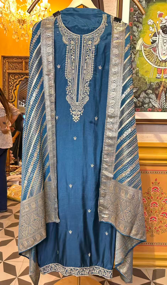 Ziyaara Silk Suit (Peacock Blue)